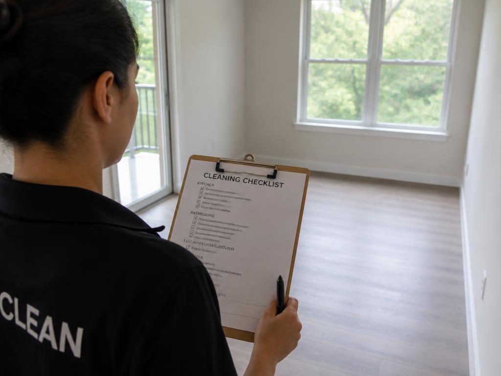 Cleaner reviewing a printed cleaning checklist in an empty renovated room